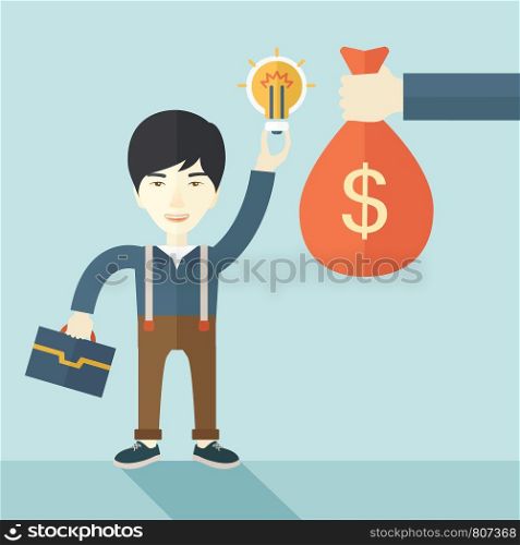 An asian young man exchange his hand with idea bulb to hand of money bag. Exchanging concept. A contemporary style with pastel palette soft blue tinted background. Vector flat design illustration. Square layout. Asian young man with his bag and bulb.