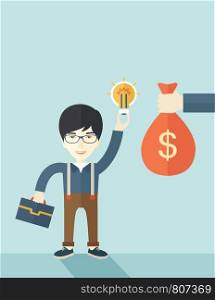 An asian young man exchange his hand with idea bulb to hand of money bag. Exchanging concept. A contemporary style with pastel palette soft blue tinted background. Vector flat design illustration. Vertical layout with text space on top part.. Asian young man with his bag and bulb.