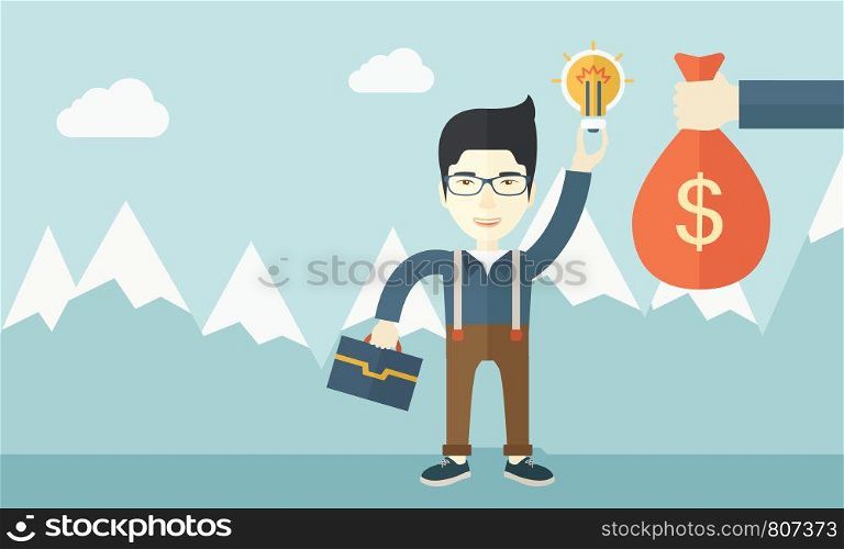 An asian young man exchange his hand with idea bulb to hand of money bag. Exchanging concept. A contemporary style with pastel palette soft blue tinted background with desaturated clouds. Vector flat design illustration. Horizontal layout.. Asian young man with his bag and bulb.