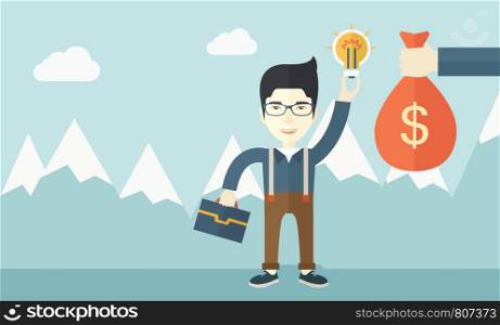 An asian young man exchange his hand with idea bulb to hand of money bag. Exchanging concept. A contemporary style with pastel palette soft blue tinted background with desaturated clouds. Vector flat design illustration. Horizontal layout.. Asian young man with his bag and bulb.