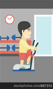 An asian young man exercising on elliptical trainer. Man working out using elliptical trainer at the gym. Man using elliptical trainer. Vector flat design illustration. Vertical layout.. Man exercising on elliptical trainer.