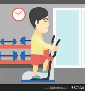 An asian young man exercising on elliptical trainer. Man working out using elliptical trainer at the gym. Man using elliptical trainer. Vector flat design illustration. Square layout.. Man exercising on elliptical trainer.