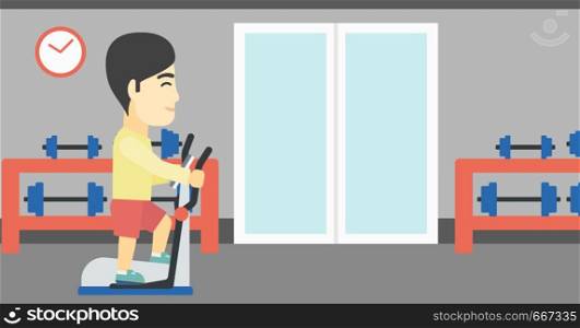 An asian young man exercising on elliptical trainer. Man working out using elliptical trainer at the gym. Man using elliptical trainer. Vector flat design illustration. Horizontal layout. Man exercising on elliptical trainer.