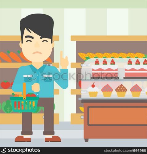An asian young man holding basket full of healthy food and refusing junk food. Man rejecting junk food in supermarket. Man choosing healthy food. Vector flat design illustration. Square layout.. Man refusing junk food vector illustration.