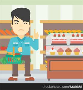An asian young man holding basket full of healthy food and refusing junk food. Man rejecting junk food in supermarket. Man choosing healthy food. Vector flat design illustration. Square layout.. Man refusing junk food vector illustration.