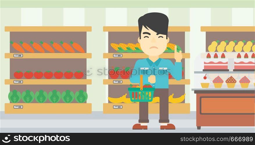 An asian young man holding basket full of healthy food and refusing junk food. Man rejecting junk food in supermarket. Man choosing healthy food. Vector flat design illustration. Horizontal layout.. Man refusing junk food vector illustration.