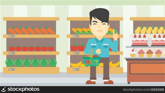An asian young man holding basket full of healthy food and refusing junk food. Man rejecting junk food in supermarket. Man choosing healthy food. Vector flat design illustration. Horizontal layout.. Man refusing junk food vector illustration.