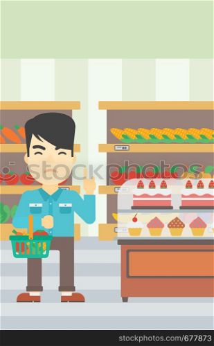 An asian young man holding basket full of healthy food and refusing junk food. Man rejecting junk food in supermarket. Man choosing healthy food. Vector flat design illustration. Vertical layout.. Man refusing junk food vector illustration.