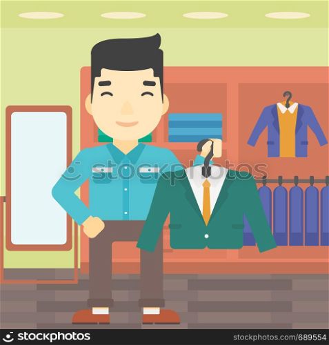 An asian young man holding hanger with suit jacket and shirt. Man choosing suit jacket at clothing store. Shop assistant offering suit jacket. Vector flat design illustration. Square layout.. Man holding suit jacket in clothing store.