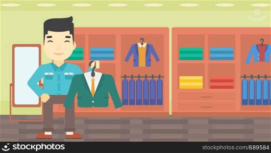 An asian young man holding hanger with suit jacket and shirt. Man choosing suit jacket at clothing store. Shop assistant offering suit jacket. Vector flat design illustration. Horizontal layout.. Man holding suit jacket in clothing store.