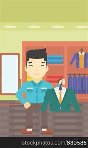 An asian young man holding hanger with suit jacket and shirt. Man choosing suit jacket at clothing store. Shop assistant offering suit jacket. Vector flat design illustration. Vertical layout.. Man holding suit jacket in clothing store.
