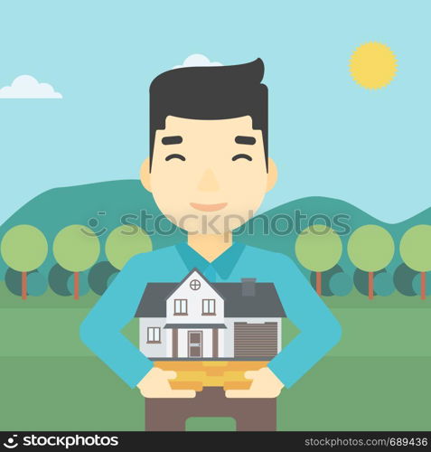 An asian young man holding house model in hands on the background of mountains. Real estate agent with house model. Vector flat design illustration. Square layout.. Man holding house model vector illustration.