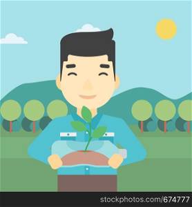 An asian young man holding in hands plastic bottle with plant growing inside. Man holding plastic bottle used as plant pot. Recycling concept. Vector flat design illustration. Square layout.. Man holding plant growing in plastic bottle.