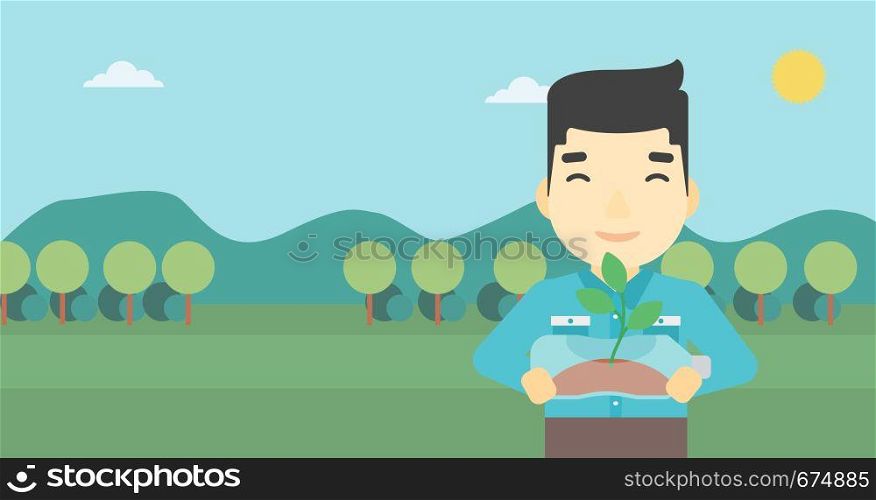 An asian young man holding in hands plastic bottle with plant growing inside. Man holding plastic bottle used as plant pot. Recycling concept. Vector flat design illustration. Horizontal layout.. Man holding plant growing in plastic bottle.
