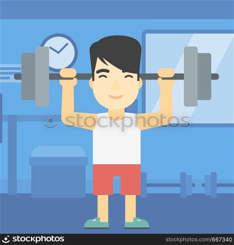 An asian young man lifting a heavy weight barbell. Strong sportsman doing exercise with barbell in the gym. Male weightlifter holding a barbell. Vector flat design illustration. Square layout.. Man lifting barbell vector illustration.