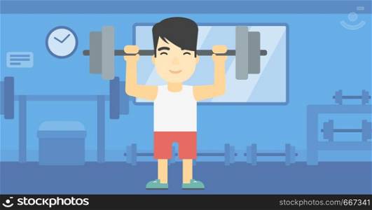 An asian young man lifting a heavy weight barbell. Strong sportsman doing exercise with barbell in the gym. Male weightlifter holding a barbell. Vector flat design illustration. Horizontal layout. Man lifting barbell vector illustration.