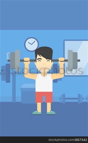 An asian young man lifting a heavy weight barbell. Strong sportsman doing exercise with barbell in the gym. Male weightlifter holding a barbell. Vector flat design illustration. Vertical layout.. Man lifting barbell vector illustration.