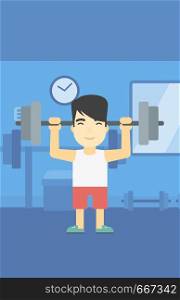 An asian young man lifting a heavy weight barbell. Strong sportsman doing exercise with barbell in the gym. Male weightlifter holding a barbell. Vector flat design illustration. Vertical layout.. Man lifting barbell vector illustration.
