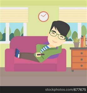 An asian young man lying on a sofa and watching tv with a remote control in his hand. Vector flat design illustration. Square layout.. Man lying on sofa vector illustration.