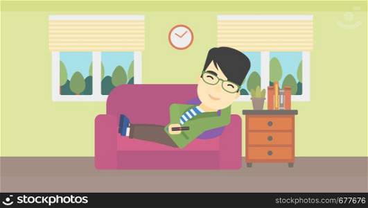 An asian young man lying on a sofa and watching tv with a remote control in his hand. Vector flat design illustration. Horizontal layout.. Man lying on sofa vector illustration.