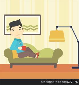 An asian young man lying on sofa in living room and holding a cup of hot flavored tea. Vector flat design illustration. Square layout.. Man lying with cup of tea vector illustration.