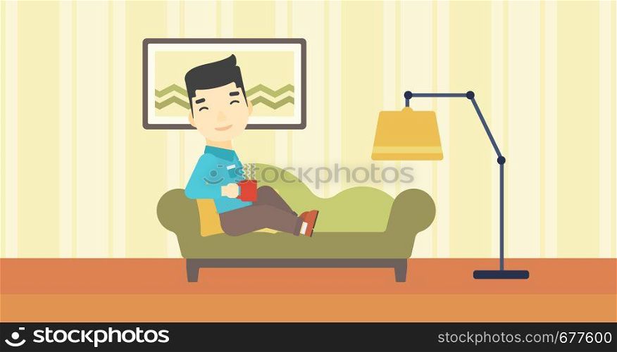 An asian young man lying on sofa in living room and holding a cup of hot flavored tea. Vector flat design illustration. Horizontal layout.. Man lying with cup of tea vector illustration.