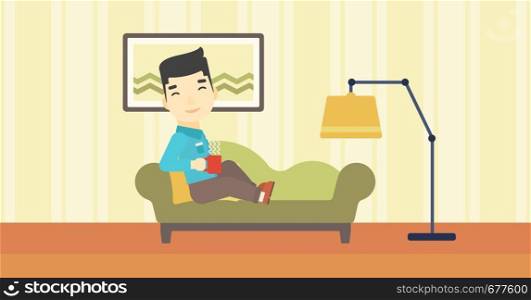 An asian young man lying on sofa in living room and holding a cup of hot flavored tea. Vector flat design illustration. Horizontal layout.. Man lying with cup of tea vector illustration.