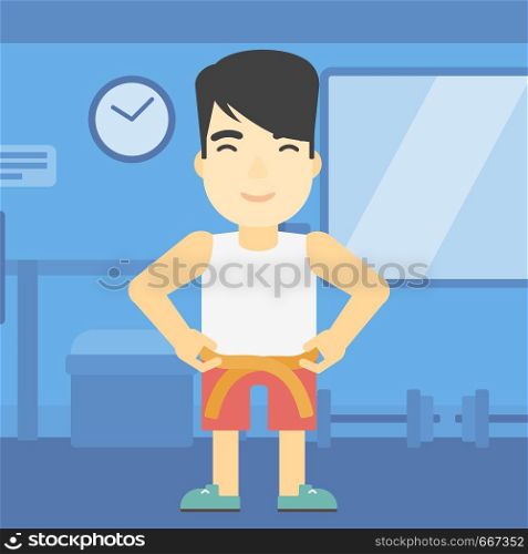 An asian young man measuring his waistline with a tape in the gym. Man measuring with tape the abdomen. Man with centimeter on a waist. Vector flat design illustration. Square layout.. Man measuring waist vector illustration.