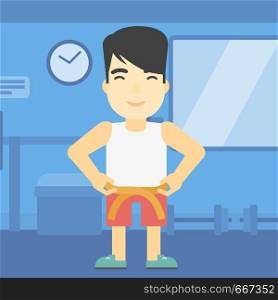 An asian young man measuring his waistline with a tape in the gym. Man measuring with tape the abdomen. Man with centimeter on a waist. Vector flat design illustration. Square layout.. Man measuring waist vector illustration.