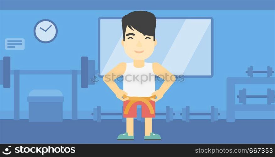 An asian young man measuring his waistline with a tape in the gym. Man measuring with tape the abdomen. Man with centimeter on a waist. Vector flat design illustration. Horizontal layout. Man measuring waist vector illustration.