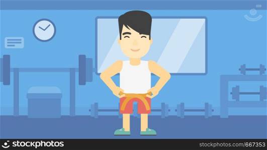 An asian young man measuring his waistline with a tape in the gym. Man measuring with tape the abdomen. Man with centimeter on a waist. Vector flat design illustration. Horizontal layout. Man measuring waist vector illustration.