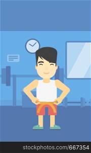 An asian young man measuring his waistline with a tape in the gym. Man measuring with tape the abdomen. Man with centimeter on a waist. Vector flat design illustration. Vertical layout.. Man measuring waist vector illustration.