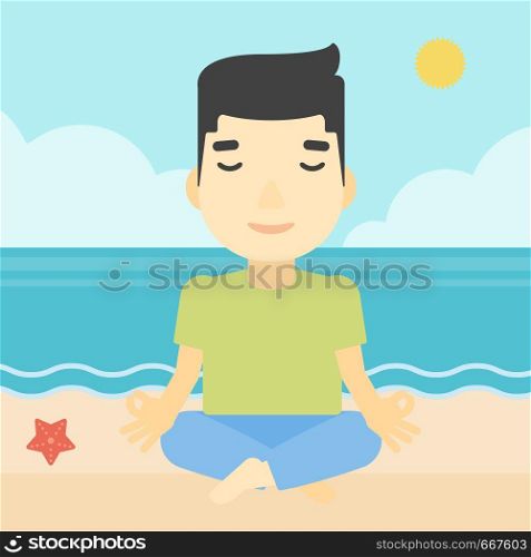 An asian young man meditating in yoga lotus pose on the beach. Man relaxing on the beach in the yoga lotus position. Vector flat design illustration. Square layout.. Man meditating in lotus pose vector illustration.