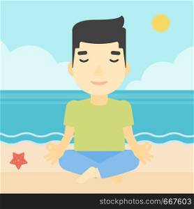 An asian young man meditating in yoga lotus pose on the beach. Man relaxing on the beach in the yoga lotus position. Vector flat design illustration. Square layout.. Man meditating in lotus pose vector illustration.