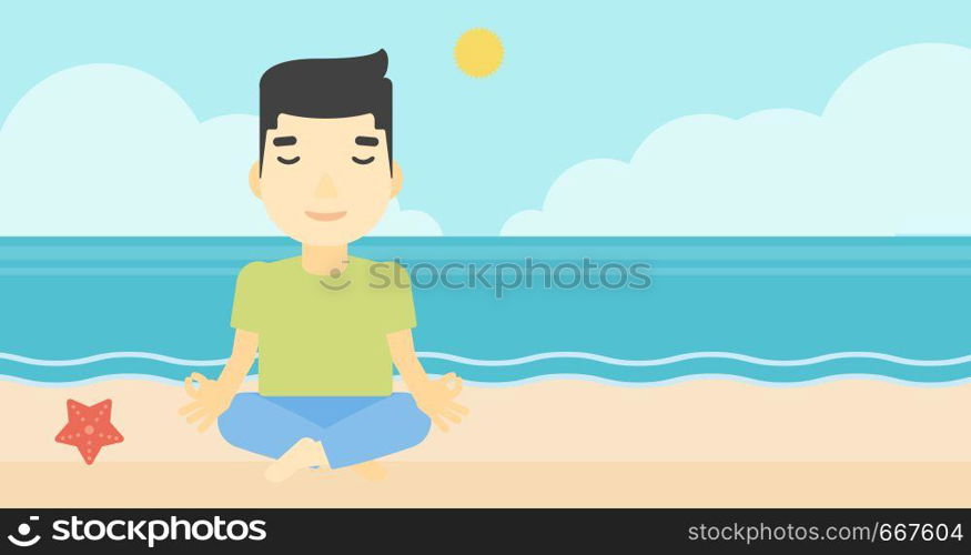 An asian young man meditating in yoga lotus pose on the beach. Man relaxing on the beach in the yoga lotus position. Vector flat design illustration. Horizontal layout. Man meditating in lotus pose vector illustration.
