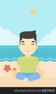 An asian young man meditating in yoga lotus pose on the beach. Man relaxing on the beach in the yoga lotus position. Vector flat design illustration. Vertical layout.. Man meditating in lotus pose vector illustration.