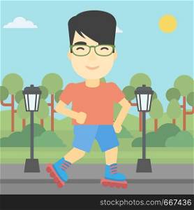 An asian young man on roller-skates in the park. Full length of sportsman in protective sportwear on rollers skating outdoors. Vector flat design illustration. Square layout.. Sporty man on roller-skates vector illustration.
