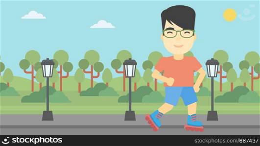 An asian young man on roller-skates in the park. Full length of sportsman in protective sportwear on rollers skating outdoors. Vector flat design illustration. Horizontal layout. Sporty man on roller-skates vector illustration.