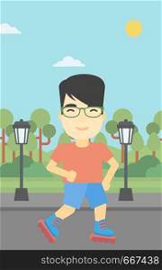 An asian young man on roller-skates in the park. Full length of sportsman in protective sportwear on rollers skating outdoors. Vector flat design illustration. Vertical layout.. Sporty man on roller-skates vector illustration.