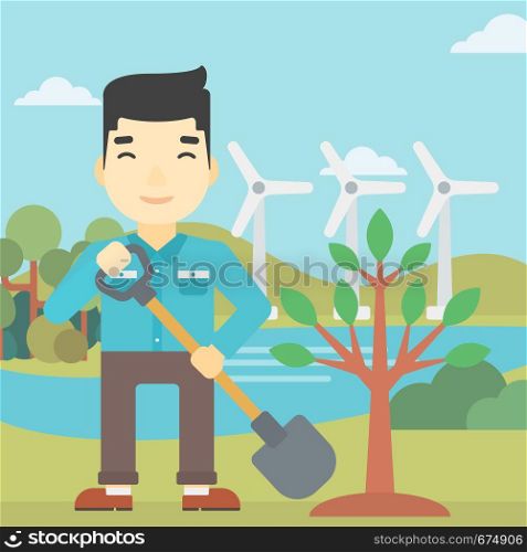 An asian young man plants a tree. Man standing with shovel near newly planted tree. Man planting tree on a background of wind turbines. Vector flat design illustration. Square layout.. Man plants tree vector illustration.
