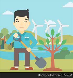 An asian young man plants a tree. Man standing with shovel near newly planted tree. Man planting tree on a background of wind turbines. Vector flat design illustration. Square layout.. Man plants tree vector illustration.