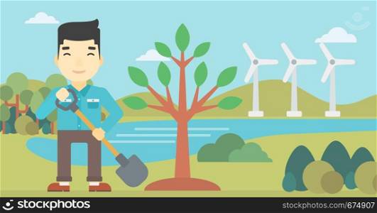 An asian young man plants a tree. Man standing with shovel near newly planted tree. Man planting tree on a background of wind turbines. Vector flat design illustration. Horizontal layout.. Man plants tree vector illustration.