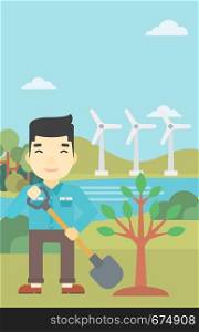 An asian young man plants a tree. Man standing with shovel near newly planted tree. Man planting tree on a background of wind turbines. Vector flat design illustration. Vertical layout.. Man plants tree vector illustration.