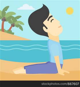 An asian young man practicing yoga upward dog pose. Man meditating in yoga upward dog position on the beach. Man doing yoga on nature. Vector flat design illustration. Square layout.. Man practicing yoga upward dog pose on the beach.