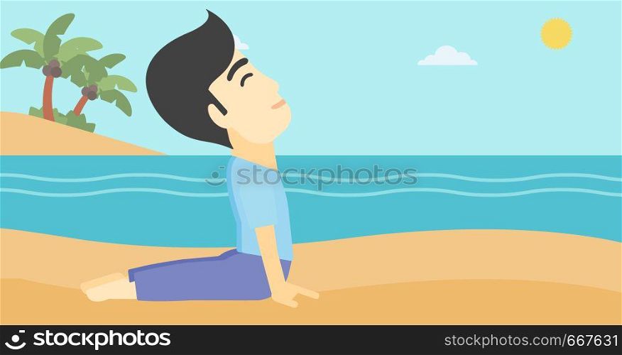 An asian young man practicing yoga upward dog pose. Man meditating in yoga upward dog position on the beach. Man doing yoga on nature. Vector flat design illustration. Horizontal layout. Man practicing yoga upward dog pose on the beach.