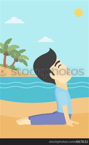 An asian young man practicing yoga upward dog pose. Man meditating in yoga upward dog position on the beach. Man doing yoga on nature. Vector flat design illustration. Vertical layout.. Man practicing yoga upward dog pose on the beach.