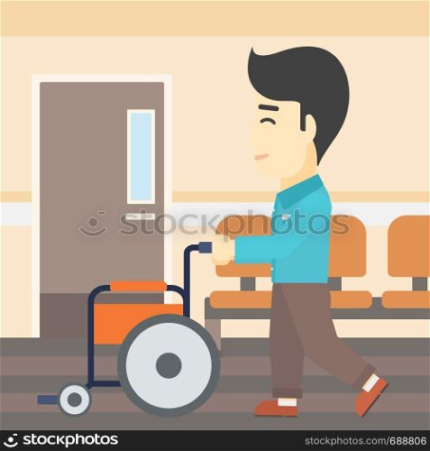 An asian young man pushing empty wheelchair on the background of hospital corridor. Vector flat design illustration. Square layout.. Man pushing wheelchair vector illustration.
