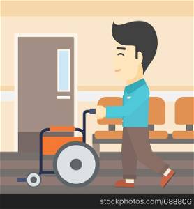 An asian young man pushing empty wheelchair on the background of hospital corridor. Vector flat design illustration. Square layout.. Man pushing wheelchair vector illustration.