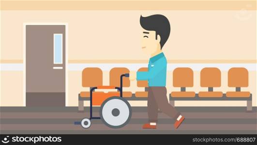 An asian young man pushing empty wheelchair on the background of hospital corridor. Vector flat design illustration. Horizontal layout.. Man pushing wheelchair vector illustration.