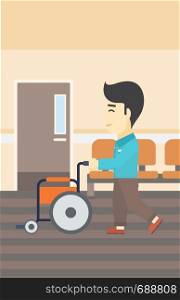 An asian young man pushing empty wheelchair on the background of hospital corridor. Vector flat design illustration. Vertical layout.. Man pushing wheelchair vector illustration.